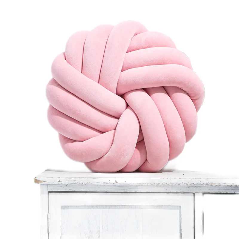Pink Grey Knotted Ball Throw Pillow Ultra Soft Hand-woven round Lamb Plush Decorative Sofa & Kids Bedroom Decor Gift