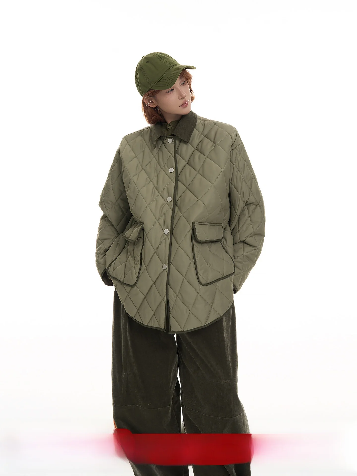 

Wutong Long Sve Cotton Jaet Women's Loose Fit Warm Cardigan Korean Sle Commute Collar Diamond Patterned Outerwear