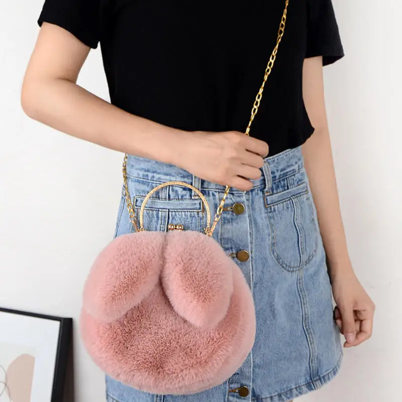 

Rabbit Shaped Fluffy Shoulder Bag Fashion Chain Crossbody Bag Plush Handbag Cute Zipper Purse For Valentine's Day