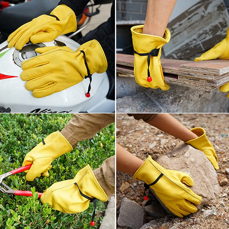 {CC44} 1 Pair Yellow Cowhide Heavy Duty Safety Protective Driver Working Welding Stretchable Mechanic Glove Leather Work Gloves