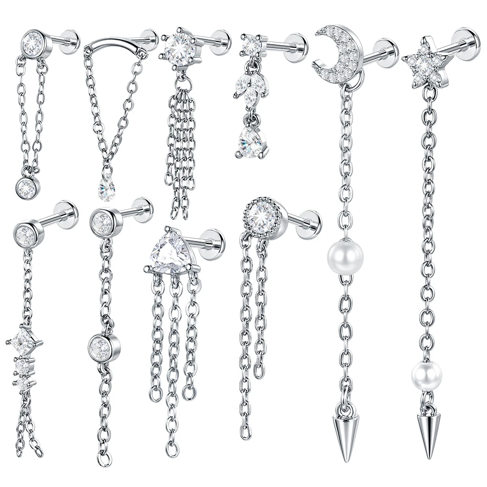 1/5PCS Steel & Copper 16G Dangle Tassel Chain Ear Studs Waterdrop CZ Tragus Cartilage Flatback Labret Helix Piercing Jewelry