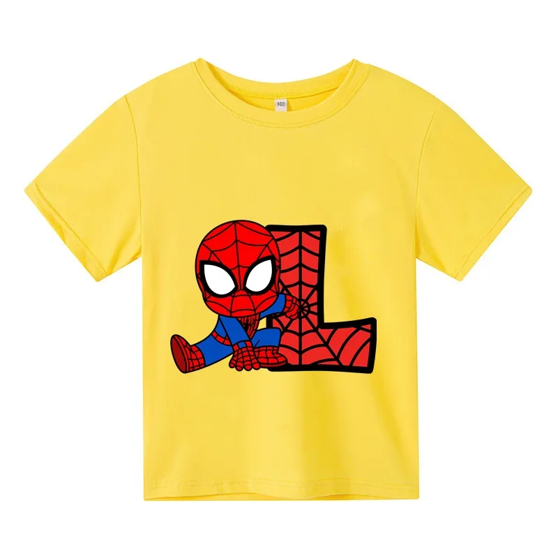Spiderman T-shirts Cartoon Boys Girls Kids letter L M N Print T Shirt For Children Summer Short Sleeve T-shirt Tops Clothing