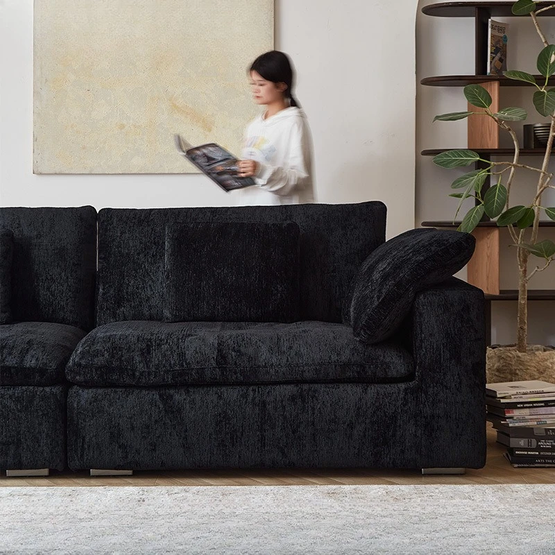 French cloud sofa, cream style, small apartment in the living room, chenille fabric straight row black combination