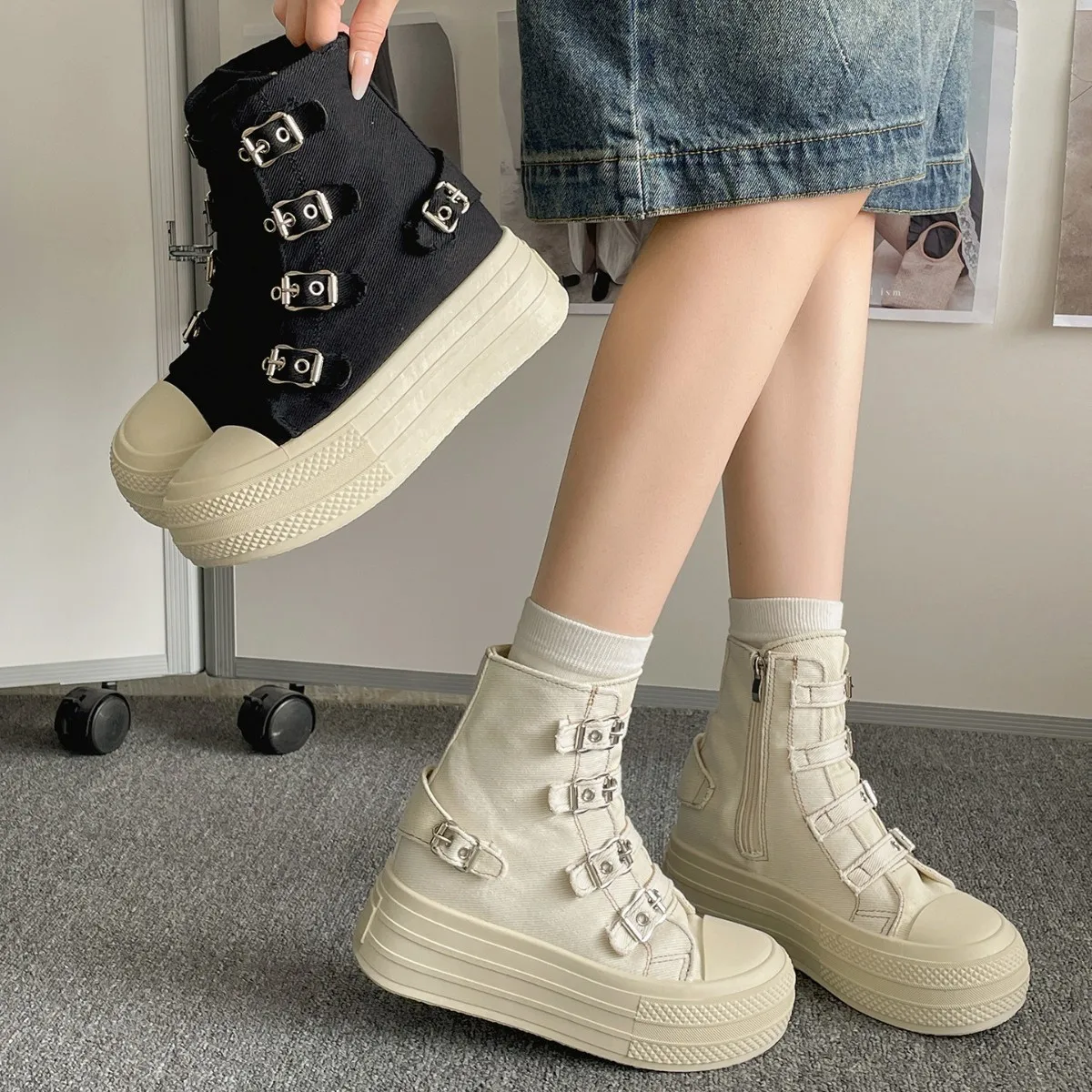 

2025 женские парусиновые кроссовки на массивной платформе 7 см, высокие кеды в стиле ретро, винтажный стиль, повседневная спортивная обувь на молнии с пряжкой и ремешком, осень