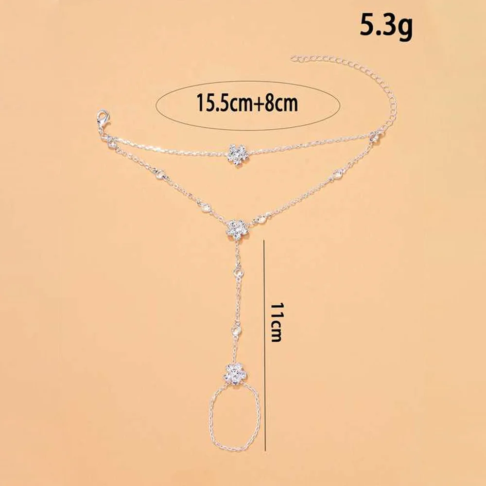 Minimalist Fashion Women Flower Connected Finger Bracelet Rhinestone Back Hand Chain Ring Integrated All-match For Daily