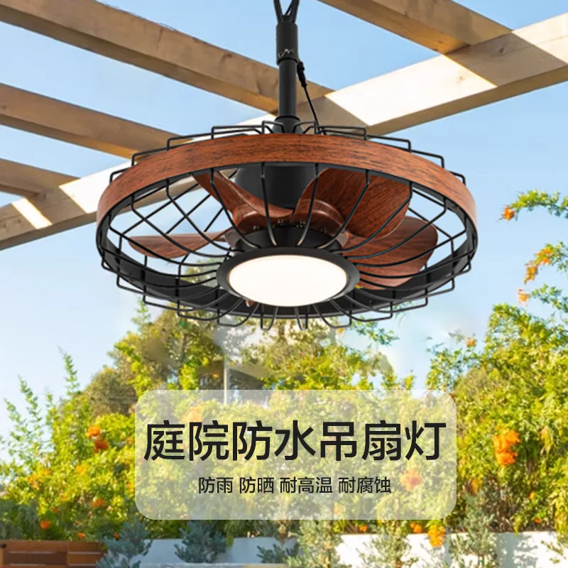 Outdoor Courtyard Waterproof Fan Light Nordic Terrace Balcony Pavilion Hanging Fan Light Quiet Rustproof Sunproof Chandelier