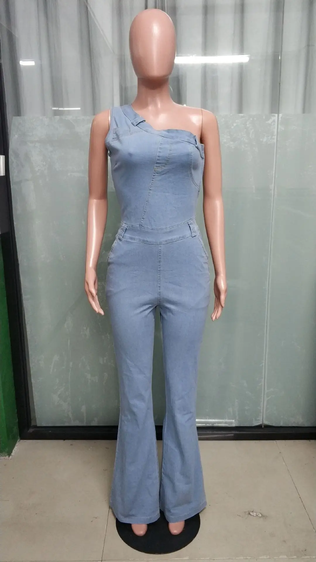 وزرة الدنيم النساء حللا واحد الكتف أمي الجينز Bodycon السراويل الطويلة مضيئة بانت عالية الخصر الشارع الشهير Y2k سليم صالح السروال القصير
