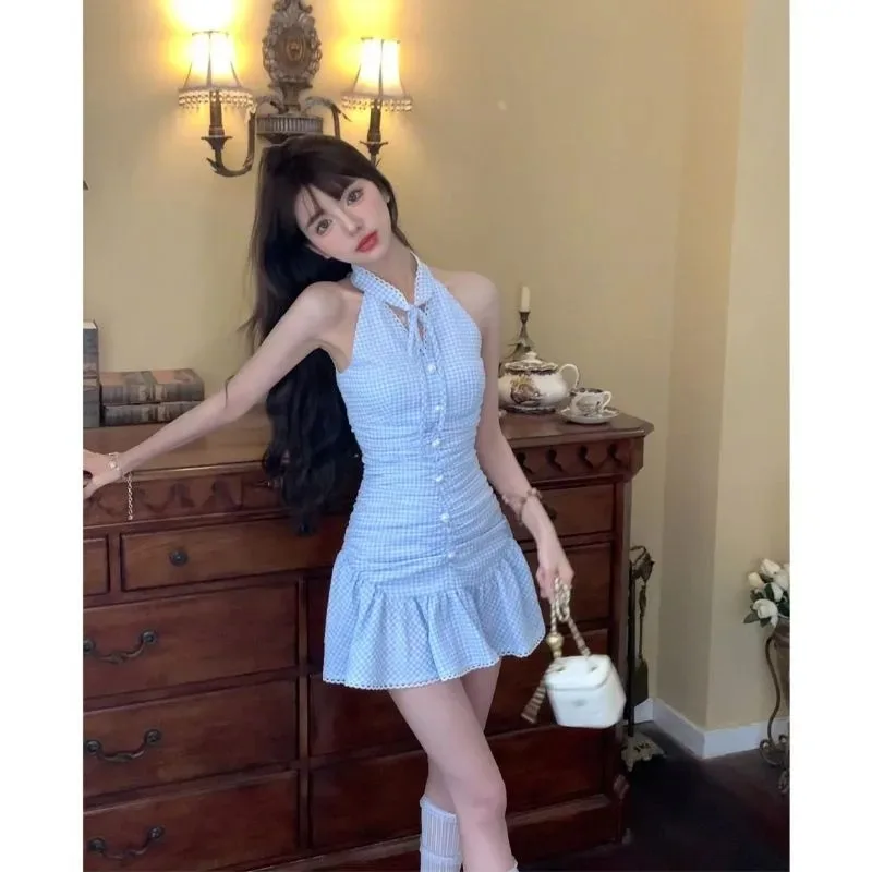 Sweet Spicy Blue Plaid Neck Hanging Dress Women Fashion Korean Sleeveless Shirring Flounce Temperament Slim Summer Strap Outfits