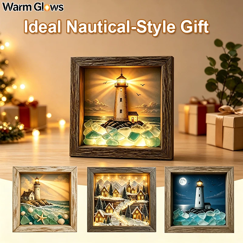 Sea Glass Lighthouse LED Frame Night Light Wooden Photo Frame Tabletop Ornament Coastal Home Decor Bedroom Decoration Gift