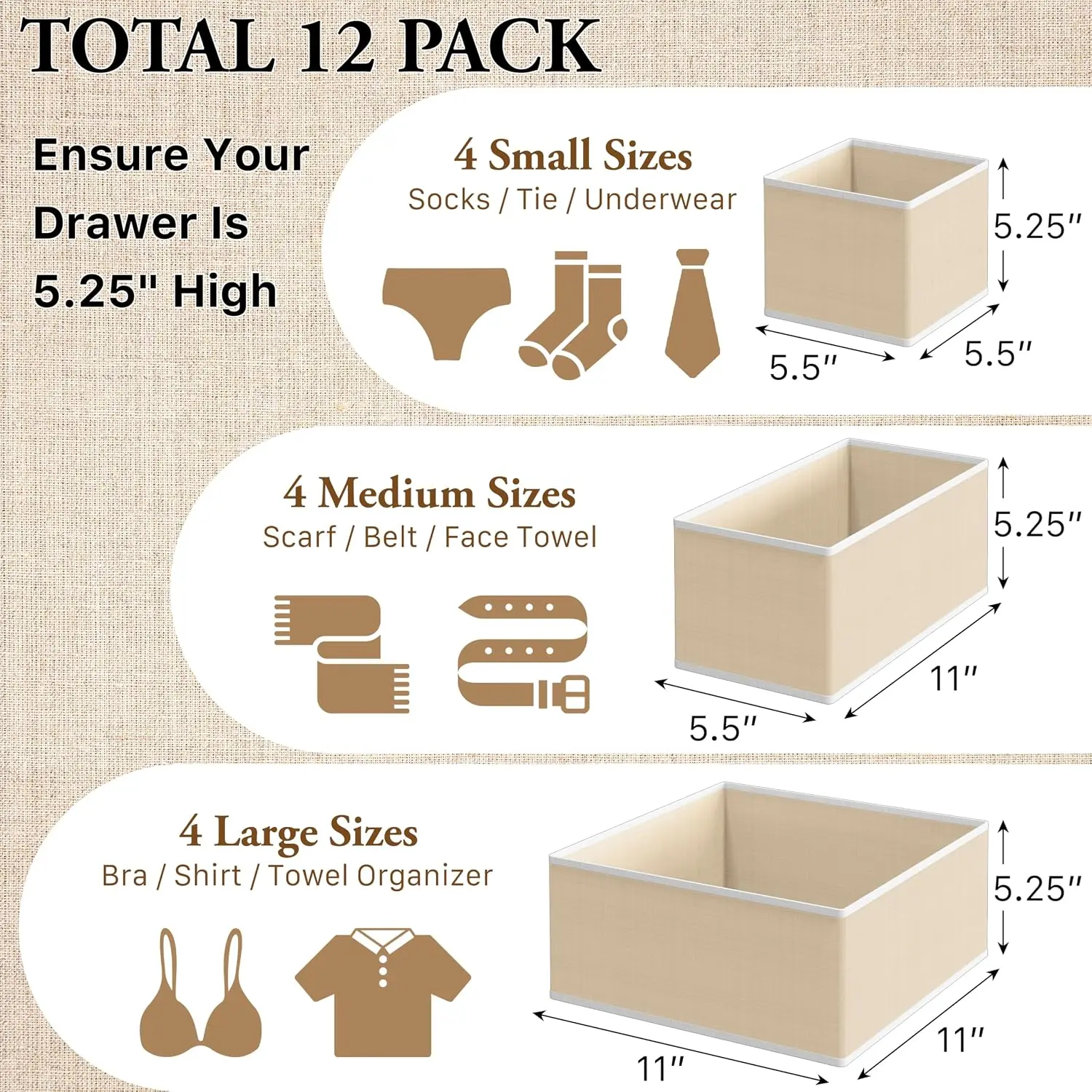 2026 New Foldable Drawer Organizer Stocking Bin, Set Of 12, Beige | Fabric Storage Bins For Clothes, Underwear, Bra, Pan
