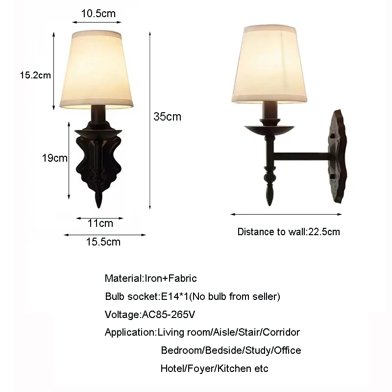 American Black Iron Wall Lamp Retro Living Room Bedroom Bedside Hotel European Countryside Study E14 Fabric Wall Light Sconce