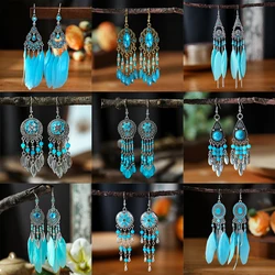 Blue Fashion Boho Temperament Water Drop Feather Earrings for Women Long Crystal Rhinestone Drop Oil Dangle Earring Jewelry