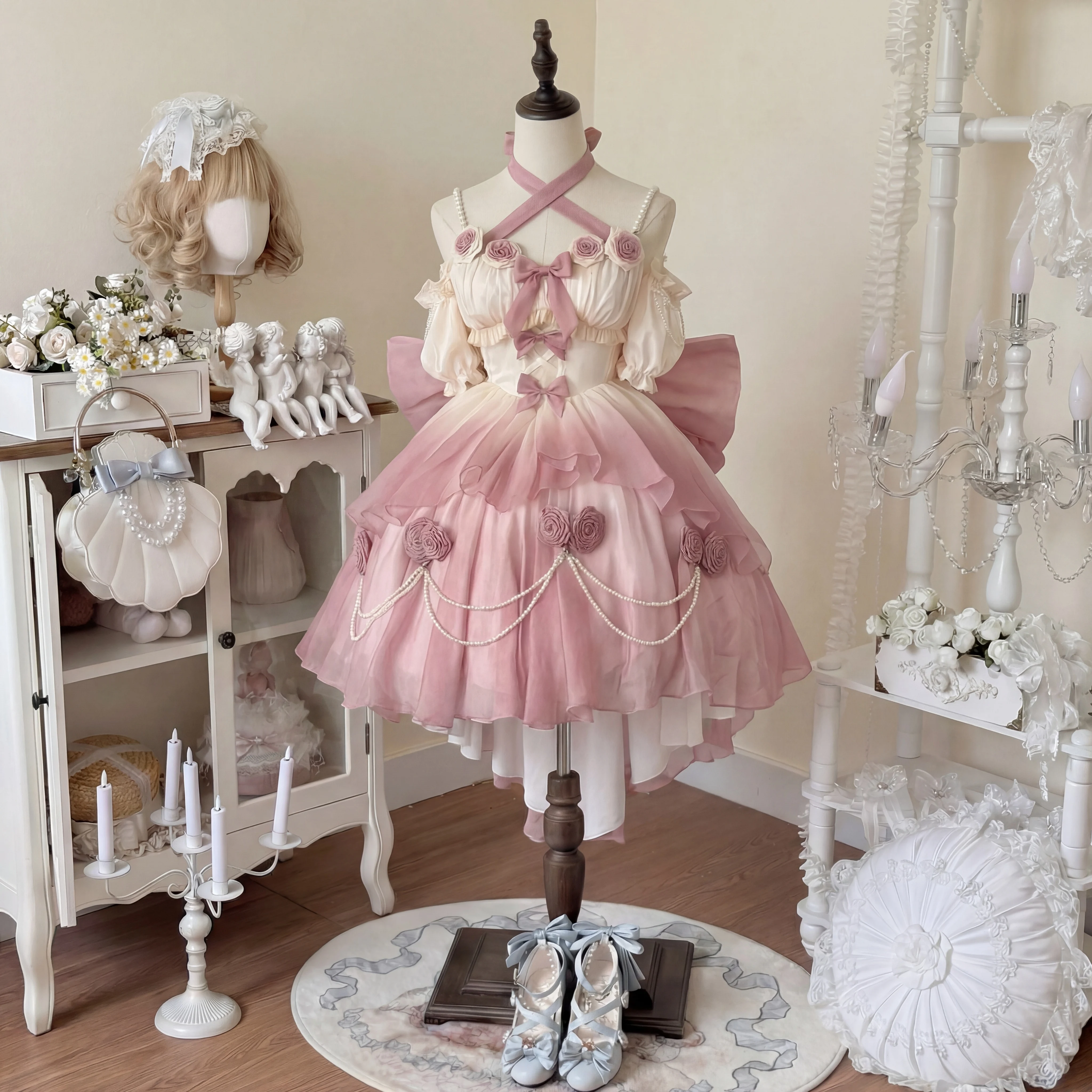 

Retro Victorian Lolita Dress Elegant Women Sweet Bow Pearl Chain Ruffles Rose Flower Dresses Kawaii Gradient Pink Princess Dress
