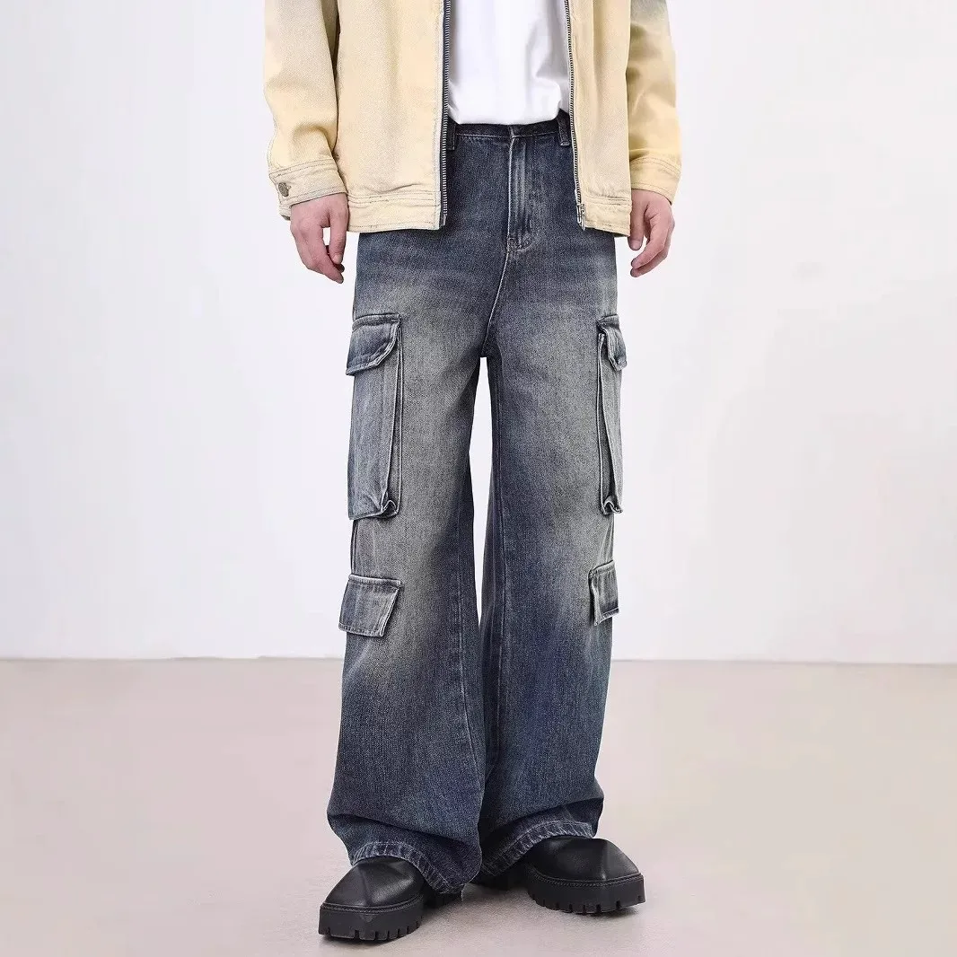 Men Streetwear Loose Jeans Men Korean Style Fashion Loose Straight Multi Pockets Cargo Pants Men's Clothing Mid Waist Trousers