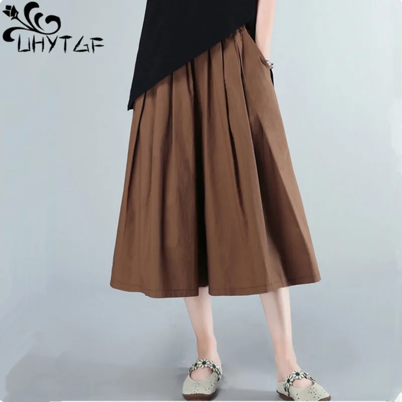 UHYTGF Korean Fashion Wide Leg Pants Women's Elastic High Waist Large Size Trousers Cotton Linen Summer Pants Skirts Female 2195