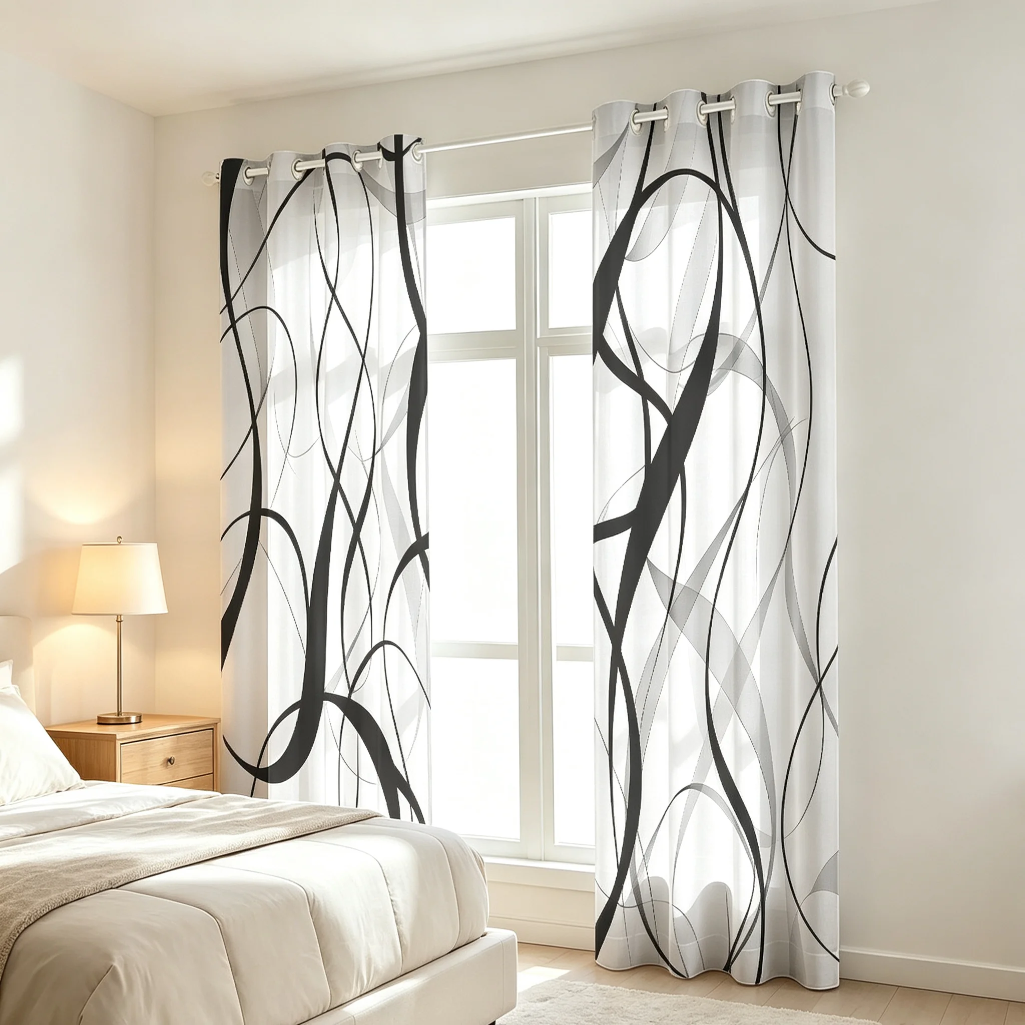 2pcs Black White Abstract Line Print Curtains With Holes Double Sided For Living Room Bedroom Light Blocking Home Window Deco