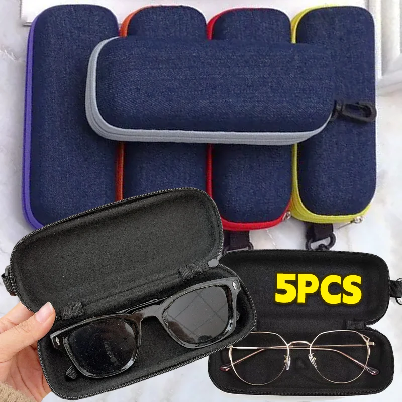 5PC Oxford Cloth Eyewear Case Sunglasses Dark Blue Zipper Storage Box Portable Sports Sunglasses Protect Backpack Hangable Case