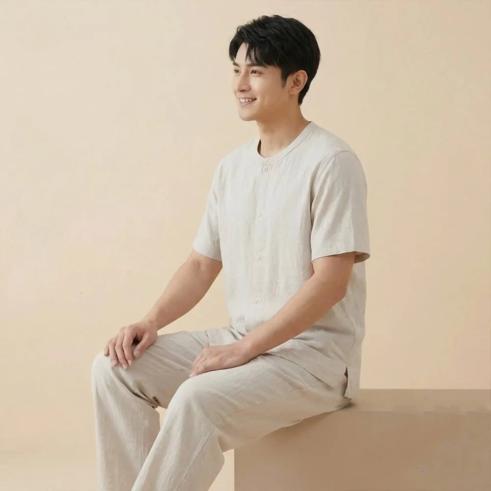 

Summer Pajamas For Men Short Sleeve Sleepwear 2026 New Pure Cotton Button Top Pyjamas Comfortable Loungewear For Home Wear Men