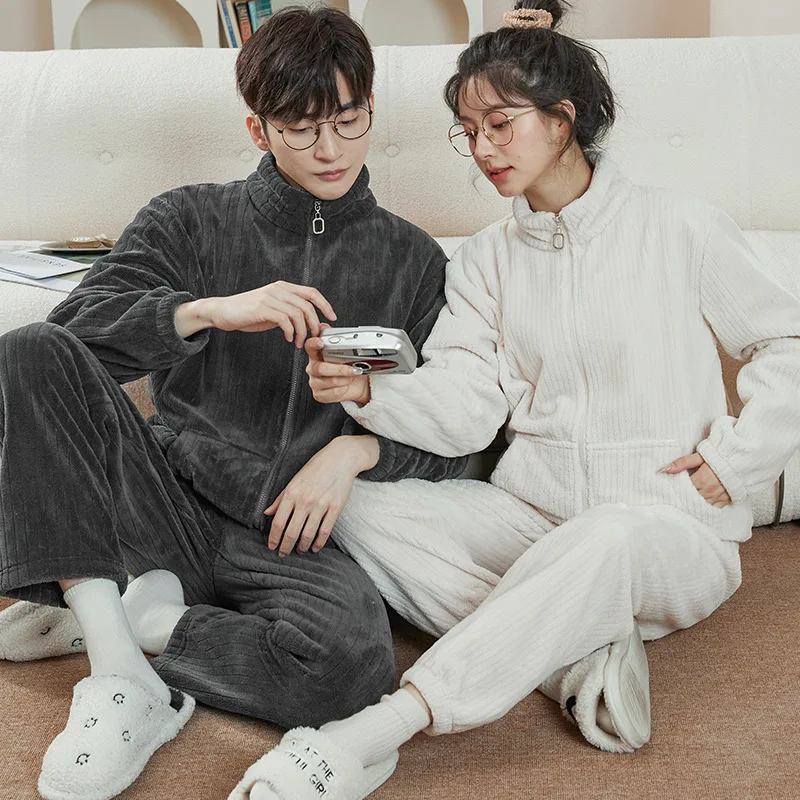 2Pcs Men Women Pajamas Autumn Winter Flannel Thickened Stand-up Collar Coral Fleece Couple Loungewear Set Can Be Worn Outside