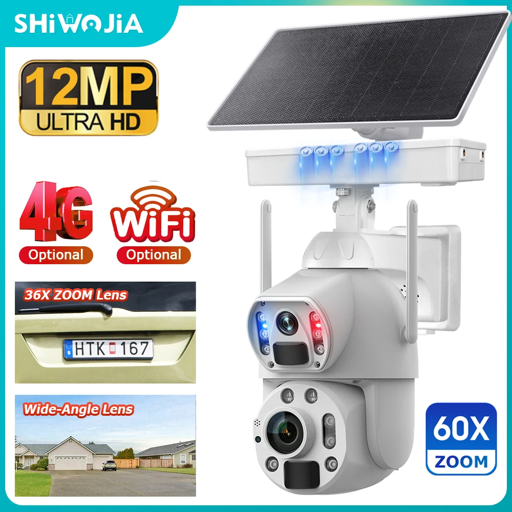 SHIWOJIA 4G Solar Powered 4G Camera 6K 12MP 60X Zoom Dual Lens Dual Screen Human Detect Auto Tracking Outdoor 10W Solar Panel WI