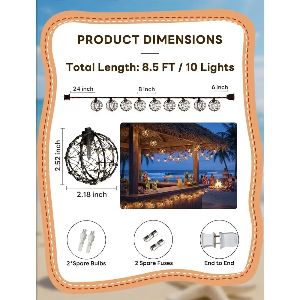 LED Outdoor Patio Lights, 8.5ft Beaded Copper Wire Ball Style Lantern Lights with 12 Mini Bulbs, Boho Lantern String Lights for