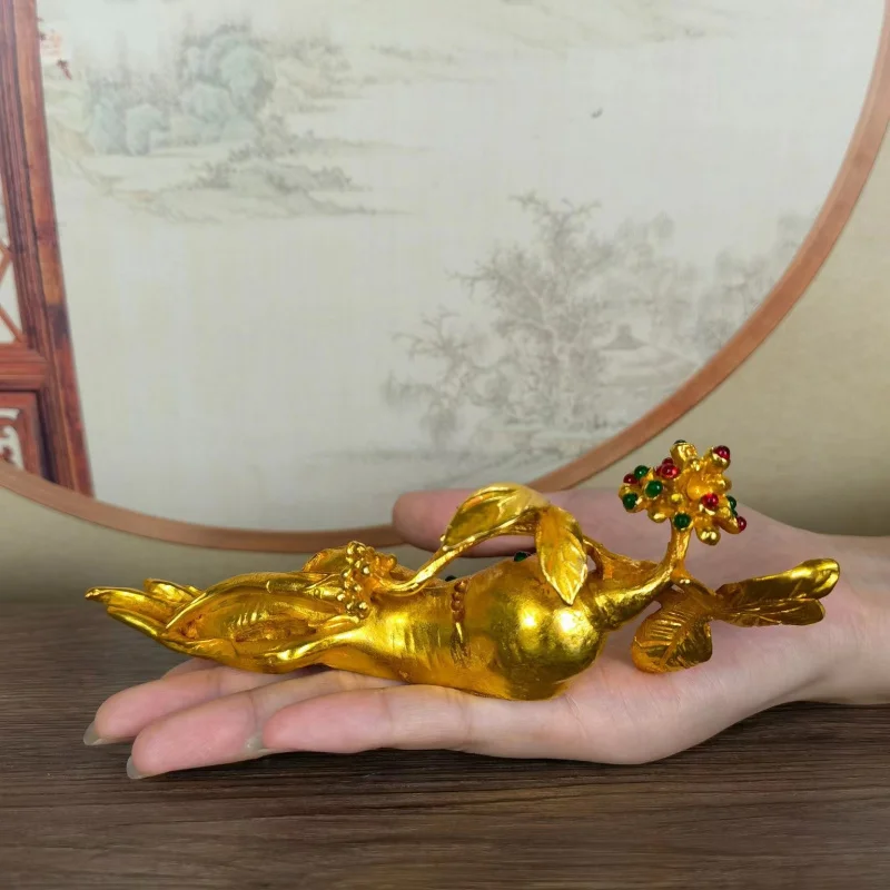 Gilt ginseng and ruyi inlay vintage copper artifact, retro new Chinese style, collectible home study decoration, decorative piec