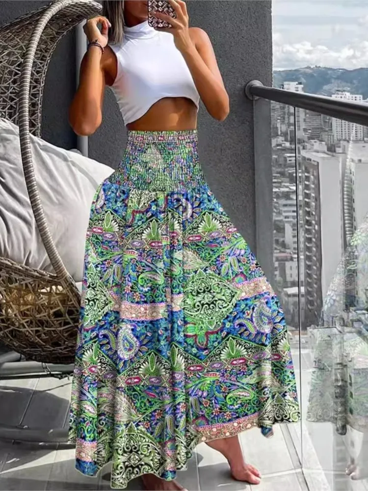 Boho Beach Skirt Vintage Printed Long Skirt 2024 Women Spring Summer New Elastic High Waist A-line Big Hem Vacation Skirts