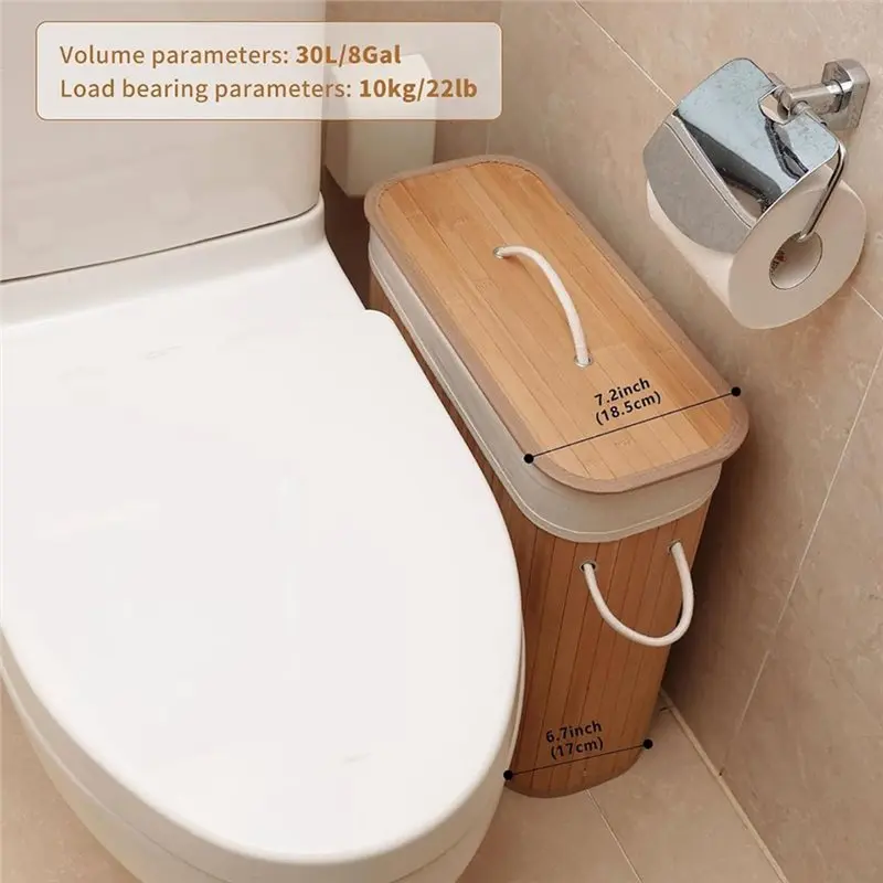 ABJT-Bamboo Toilet Paper Storage With Lid & Handel, 8 Gallons (30L), Sturdy Toilet Paper Basket, Organizer For Bathroom