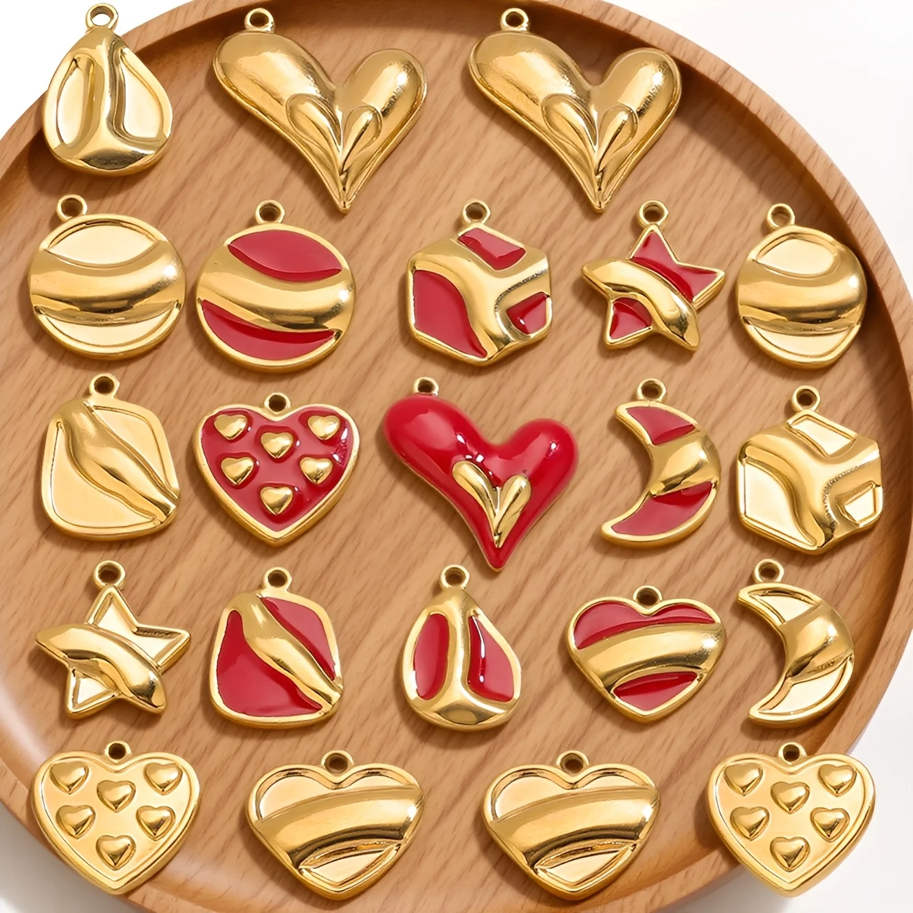 5 Stück Edelstahl-Charms, 18 Karat vergoldet, rotes Herz, Anhänger für DIY-Schmuckherstellung, Ohrring, Halskette, Armband, Großhandel