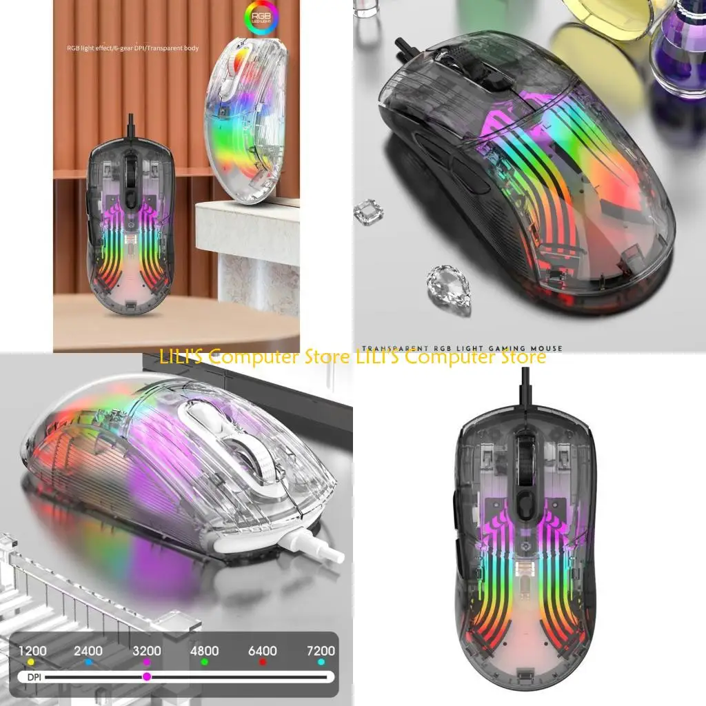 

A52B New Arrival Gaming Mouse XYH10 Transparent RGB Dazzling Light 1200-7200DPI 6-gear Adjustable Mice for Girls