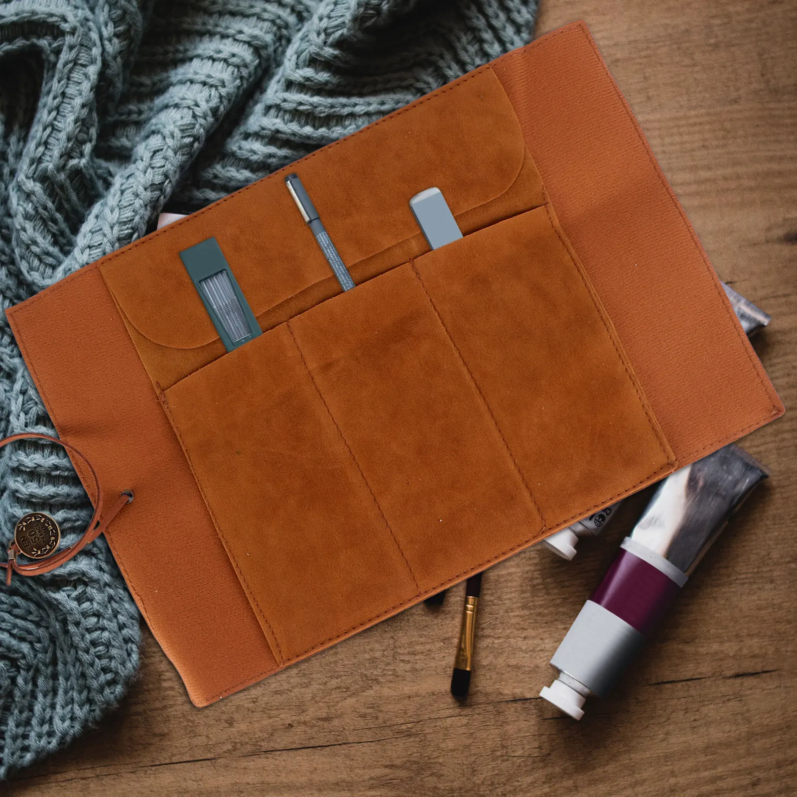 Vintage Canvas Brown Pen Pouch Design PU Material Pen Storage Bag Suitable School Office