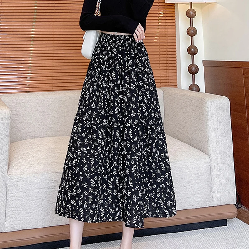 Chic Floral พิมพ์กระโปรงยาวผู้หญิงฤดูใบไม้ผลิฤดูใบไม้ร่วงใหม่เอวยางยืด Big Swing A-Line กระโปรงผู้หญิงความงาม Vintage Midi กระโปรง
