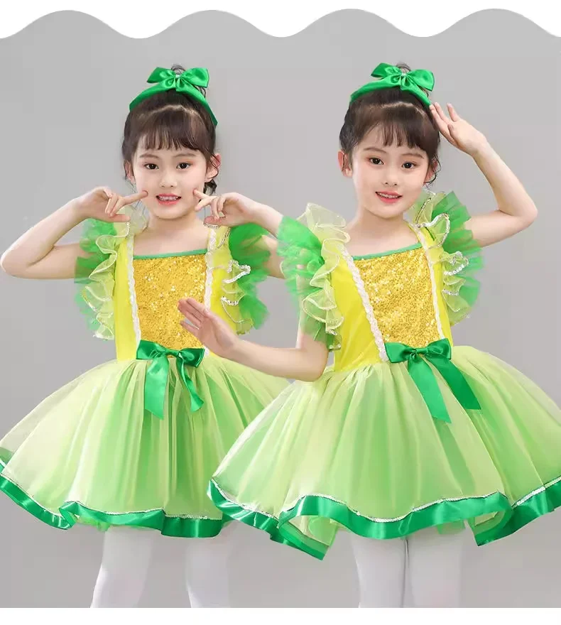 女の子子供モダンダンスドレス子供スパンコールグリーンピンクタゲパフォーマンス衣装スターダンス衣装女の子子供