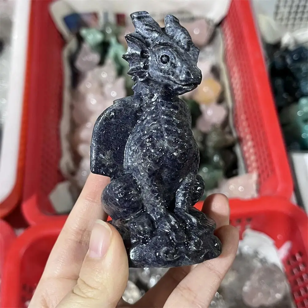 Blue Apatite Cartoon Dragon Carving Natural Quartz Healing Crystal Animal Home Decor Unique Birthday Gift Craft