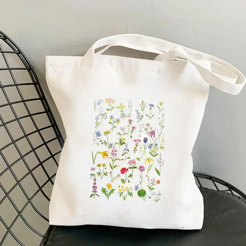 Bright-Colored Fresh Flower Shopper Tote Bag Shoulder Foldable Fashion Large Canvas Handbag High Capacity Shopping Bag