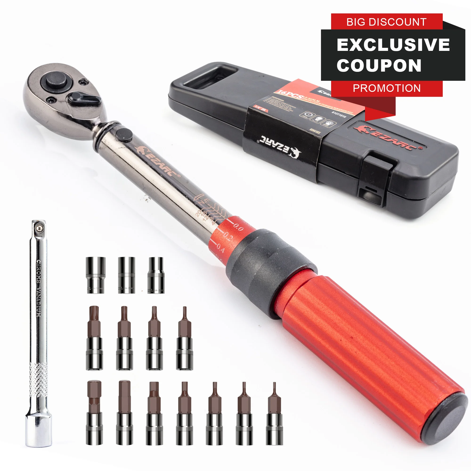 EZARC 16PCS Torque Wrench Quick-release Repairing Tool High Precise Torque Preset Wrench 2-20N.m Adjustable 1/4'' Ratchet Wrench