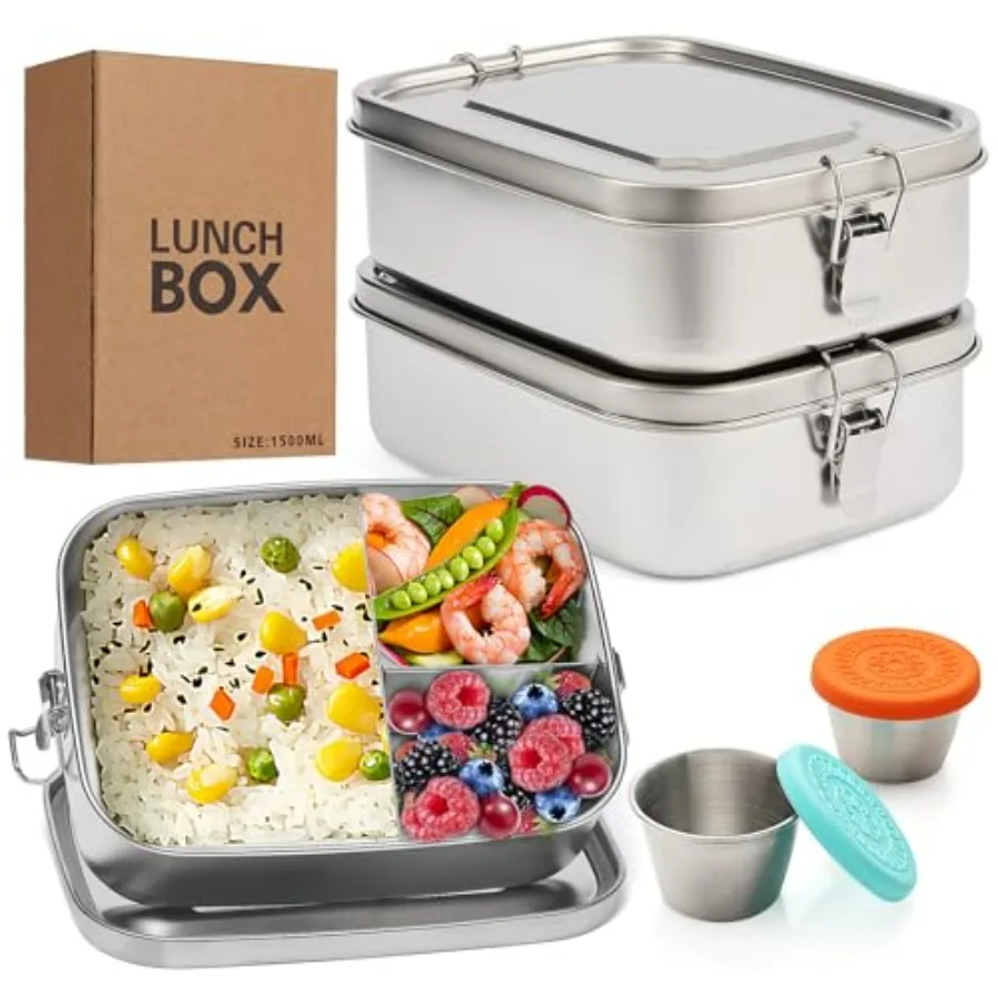 

2 шт. контейнер для обеда из нержавеющей стали 304 с запираемыми зажимами, большой металлический ящик для бенто с 3 отделениями, 1500 мл, бонус, 2 шт., приправа Con