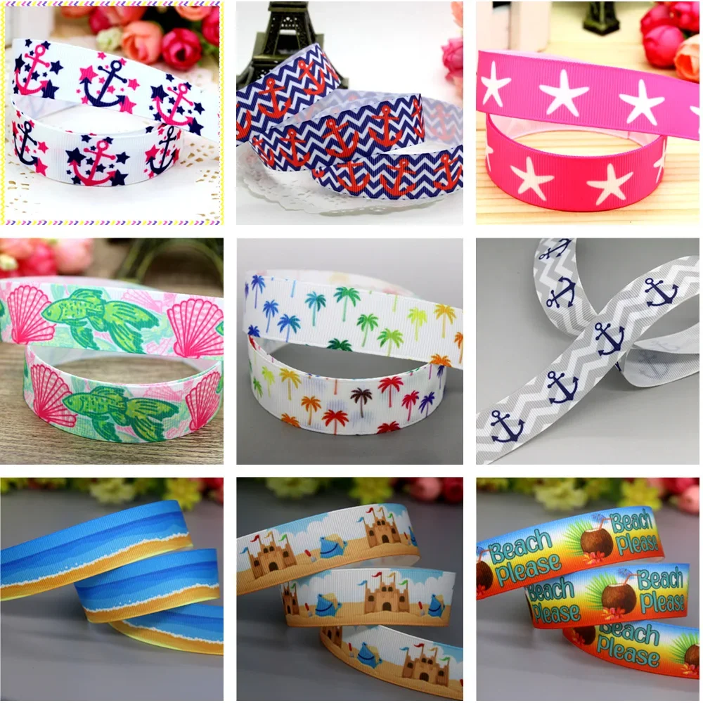 22mm 5yards anchor shells beach trees Printed Grosgrain Ribbon Accessories Headwear Decoration Collar DIY Sewing Craft E22400