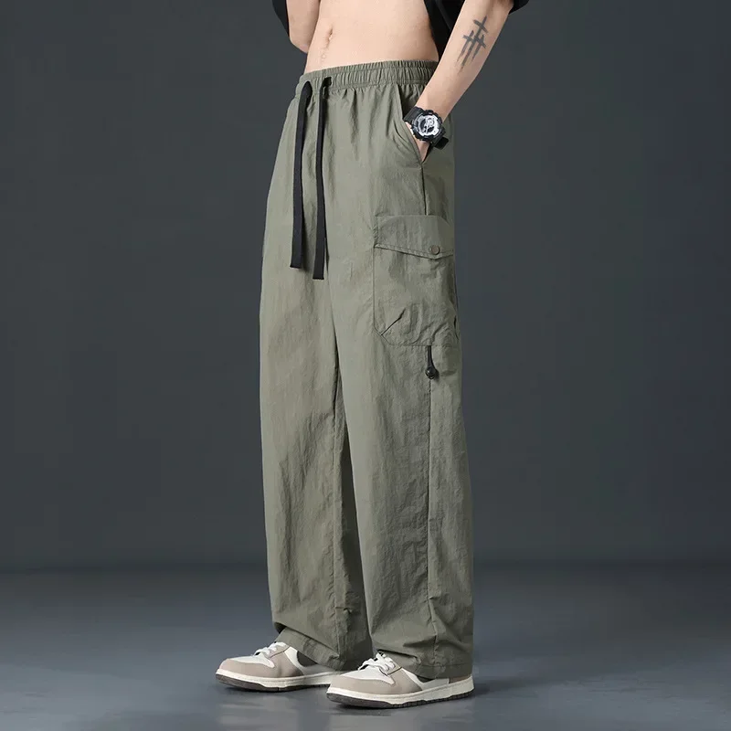 Straight Overalls Boys Ice Silk  Wide Leg Summer Fashion Brand Loose Storm Guard  Casual Men's Pants