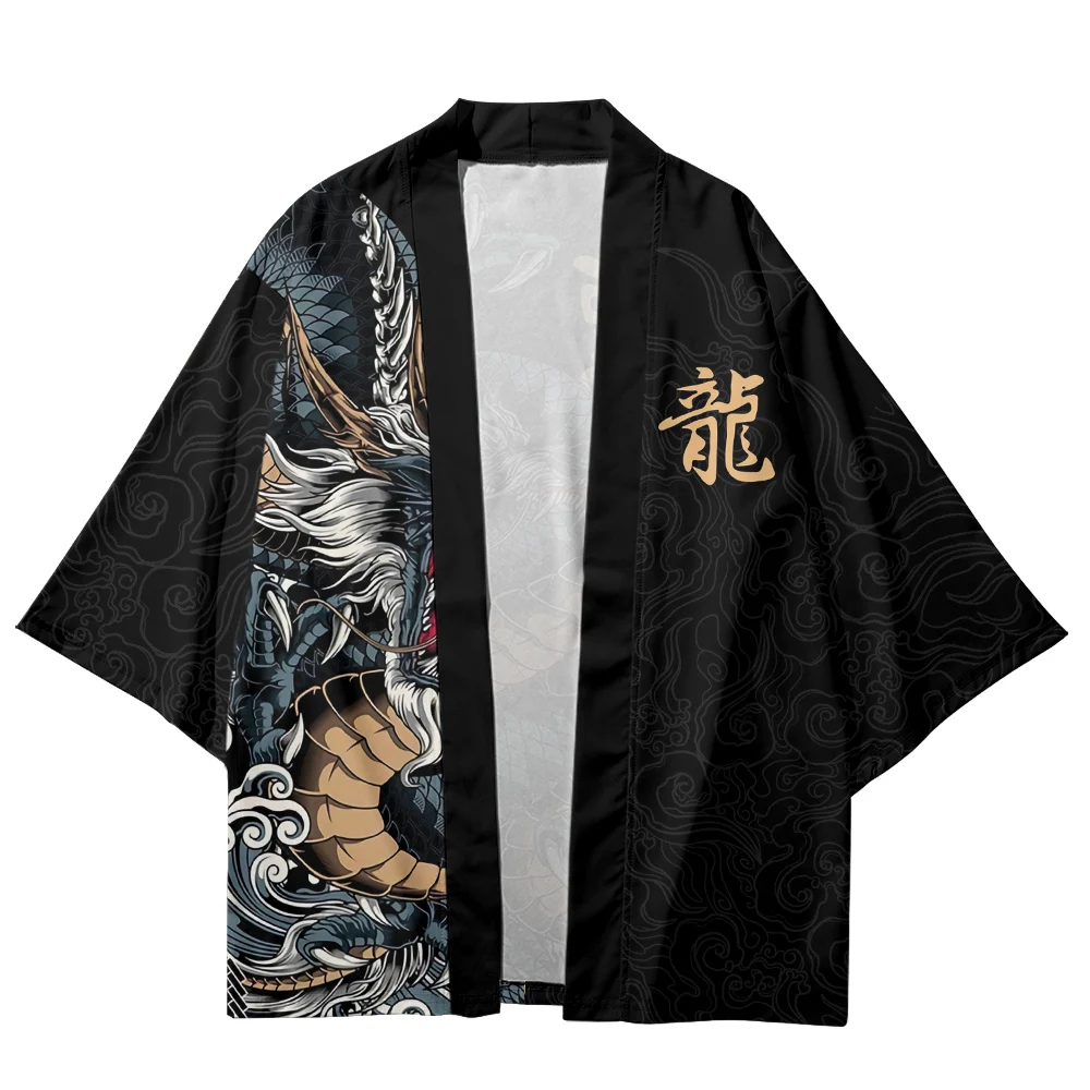 Kimono d'été pour hommes, chemise hawaïenne, cardigan de plage, dragon chanceux, à la mode, pour femmes, vêtements japonais, peignoirs Haori