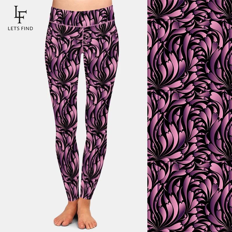 LETSFIND New Purple Flower 220gsm Double Side Brushed Milk Silk Digital Printing High Waist Women Leggings