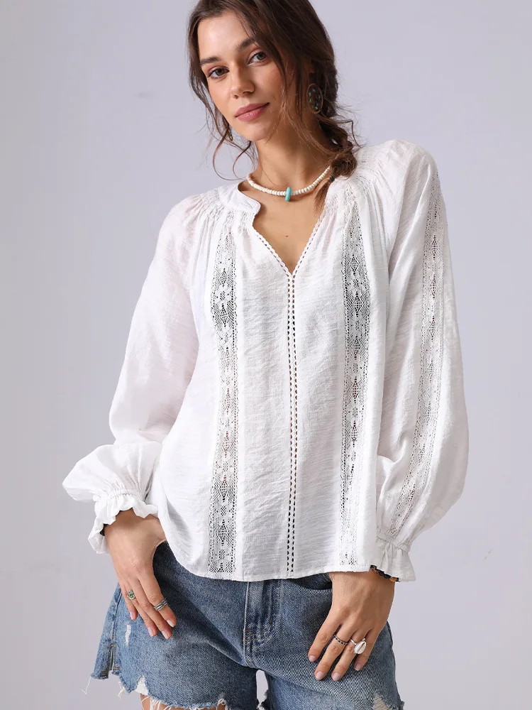 

French Lace Stitching Ruffle Women Shirt V-neck Long-sleeve Spring And Summer Tops Vacation Casual White Beach Blouse