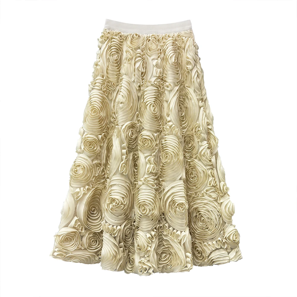 Elegant High-Waisted A-Line  Skirt with 3D Floral Netting Heavy Embroidery Casual Style Polyester Fiber Elastic Waist
