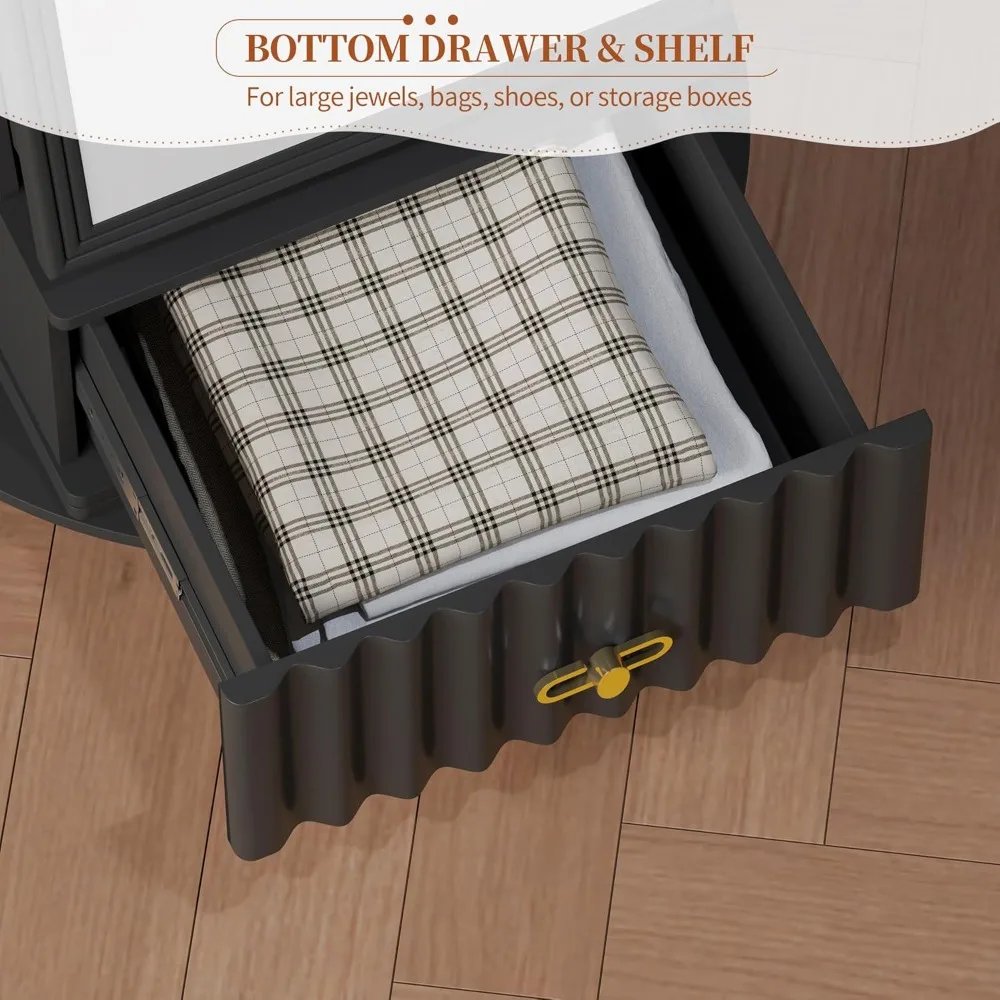 خزانة مجوهرات بمرآة مقاس 63 بوصة، منظم مرآة مجوهرات دوار بطول كامل، مع درج لهدايا النساء والفتيات (أسود)