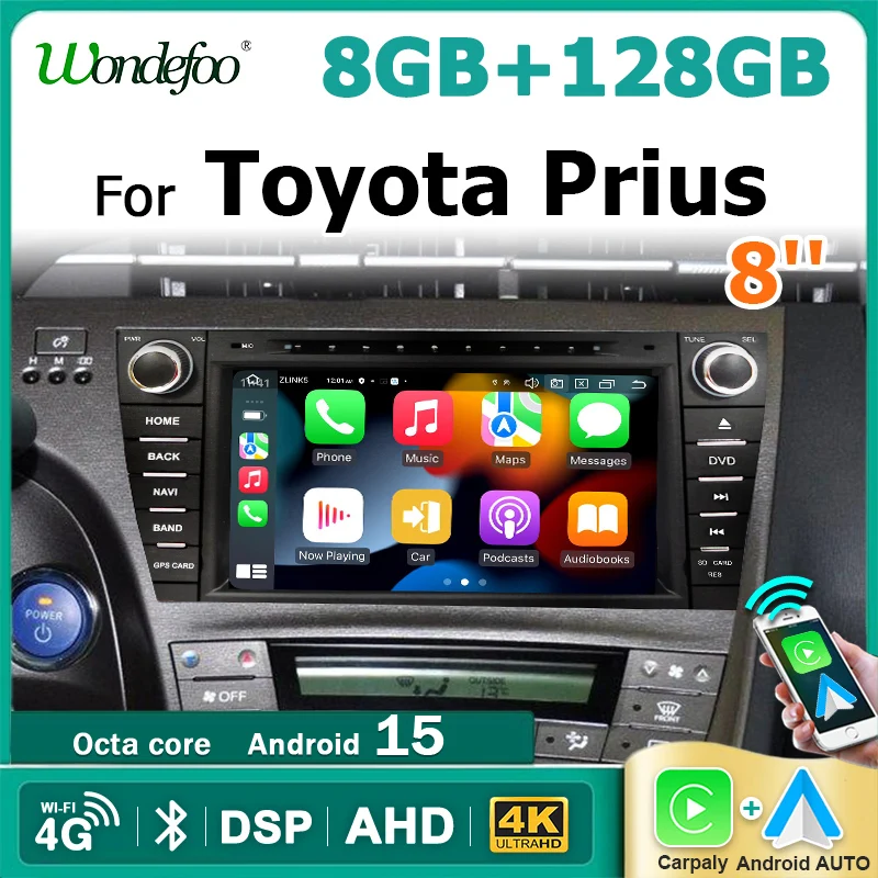 Autoradio 8'' Wireless Carplay Android 15 AUTO Stereo per Toyota Prius 2009-2013 Bluetooth Autoradio 2 DIN Lettore Multimediale GPS WIFI 4G LTE