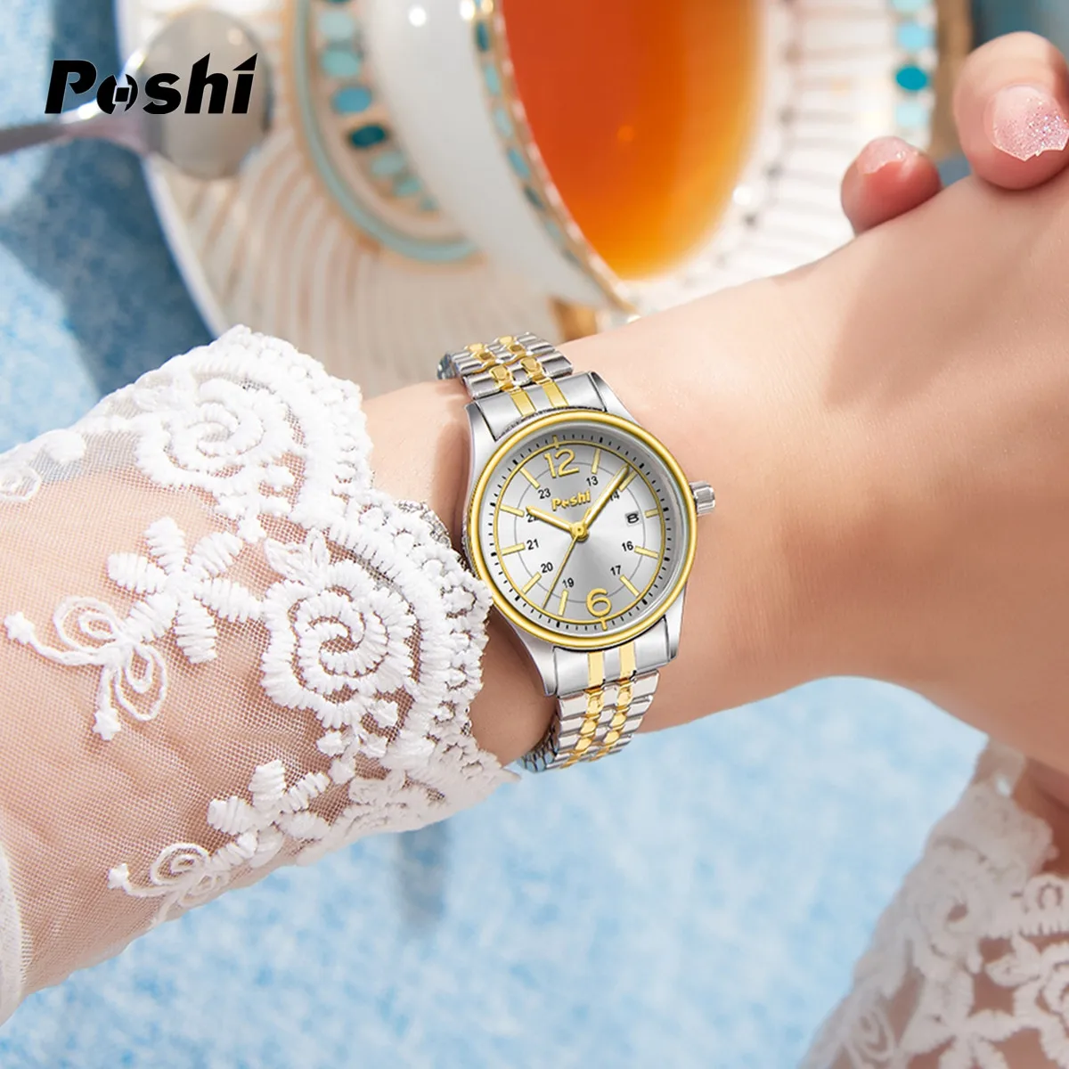 Poshi Paar Horloge Mode Casual Quartz Polshorloge Luxe Legering Elastische Band Met Datum Lover Horloges Voor Cadeau