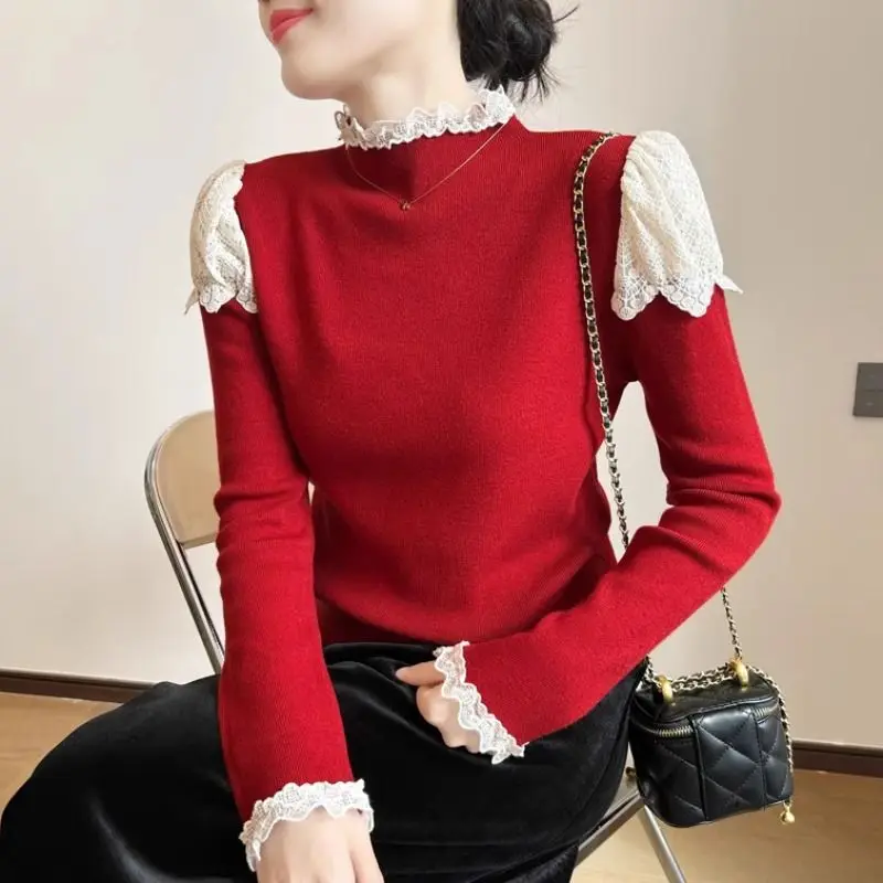 Design Inspired Lace Patchwork Semi High Neck Long Sleeved Knitted Sweater for Women's New Stylish Slim Fit Base Sweater