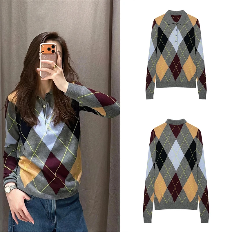 Guobioziy Women's Slim-Fit Long-Sleeve Diamond Check Polo Shirt 2026 Spring-Autumn New European Casual Fashion High-Street Style