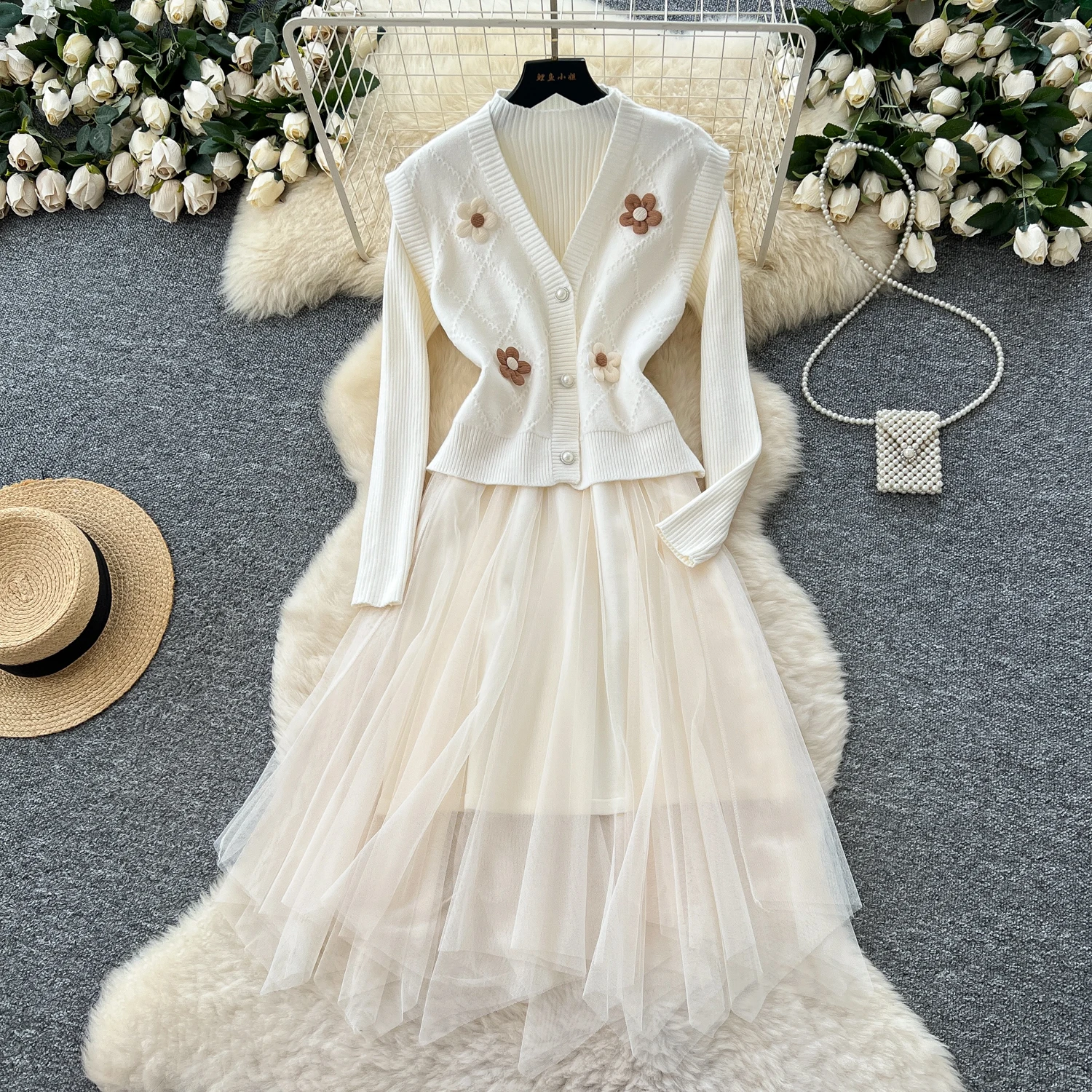 Chic vintage Maglia impiombata Maglia sottile Elegante Fata moda coreana Boho Vestito estivo da donna