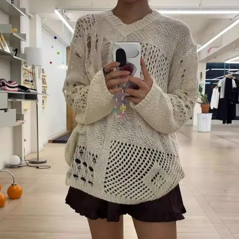 

Matakawa Hollow Out Women Sweaters Holes Streetwear Y2k Vintage Pullovers Korean Fashion Solid Autumn Winter Loose Pull Femme